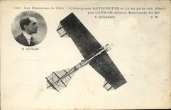 VINTAGE POSTCARD Plane Aviation Pioneers of the air Atnoinette Airplane in full flight Latham