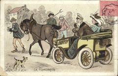 VINTAGE POSTCARD Automobile Fantasy the trailer Horse Dog