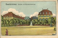 CPA Saarbrucken Schloss mit Bismarckdenkaml 