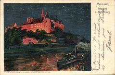 VINTAGE POSTCARD Illustrator Meissen Beleuchtung D Albrechtsburg Boat