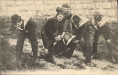 VINTAGE POSTCARD Boat Sailors in broadside