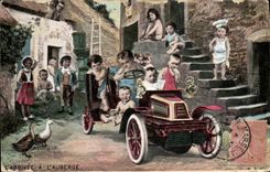 VINTAGE POSTCARD Automobile Children Babies the arrival with the inn