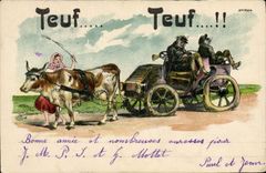 VINTAGE POSTCARD Automobile Coach Oxen