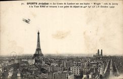 CPA Avion Aviation Le comte de Lambert sur son biplan Wright voie de Juvisy a la Tour Eiffel 
