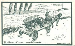 VINTAGE POSTCARD Automobile Fantasy Return of a walk Illustrator Franz Veccia