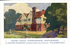 VINTAGE POSTCARD Illustrateur Cedars Estate Rickmansworth Hertfordshire has country residence standing in One Acre off ground