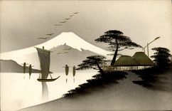 VINTAGE POSTCARD Japanese Japan Boat landscape