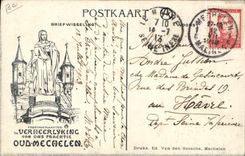 VINTAGE POSTCARD Illustrator St Romboutskerk de Beggijnestraat de Vischmarkt in Haverwert Mechelen De Dijle