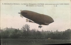 CPA Avion Aviation Zeppelin Dirigeable Patrie part pour son raid Paris Verdun 