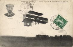 CPA Avion Aviation Le nouveau triplan de M Henri Farman en plein vol