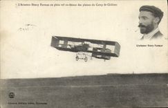 VINTAGE POSTCARD Plane Aviation the aviator Henry Farman in full flight with the top of the plains of the Camp of Trawl-nets