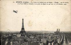 VINTAGE POSTCARD Avion Aviation the count of Lambert on his Wright biplane flies of Juvisy to the Eiffel Tower