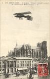 VINTAGE POSTCARD Plane Aviation Farman Airplane evolving/moving with the top of the cathedral of Rheims