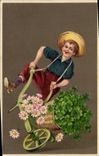 VINTAGE POSTCARD Fantasy Child Wheelbarrow Clover