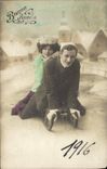 VINTAGE POSTCARD Happy New Year Woman Toboggan