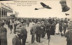 VINTAGE POSTCARD Plane Aviation Great week of aviation Emile Dubonnet in full flight on monoplane Driving Tellier Panhard Levassor