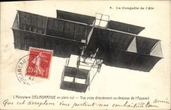 VINTAGE POSTCARD Plane Aviation Delgrange Airplane in full flight Seen from directly with the lower part of the apparatus