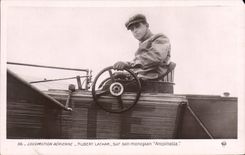 VINTAGE POSTCARD Plane Aviation Hubert Latham on his monoplane Antoinette