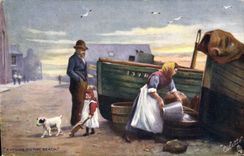 CPA Fantaisie Illustrateur Evening on the beach Femme Chien Enfant 