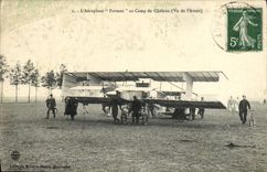 VINTAGE POSTCARD Plane Aviation the Farman airplane with the camp of the castle Seen of the front one