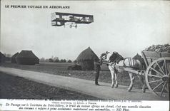 CPA Avion Aviation Farman se rend du camp de Chalons a Reims Territoire du Petit Sillery Cheval Attelage 