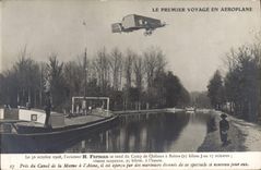 VINTAGE POSTCARD Avion Aviation First travels by Farman airplane goes to the camp Trawl-nets has Rheims Close to the canal of the Aisne Marne