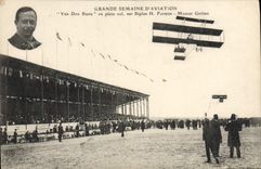 VINTAGE POSTCARD Plane Aviation Great week of aviation Van Den Born in full flight on Driving Farman biplane Gnome