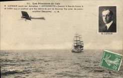 VINTAGE POSTCARD Avion Latham Aviation goes up on Antoinette airplane crosses Pas-de-Calais Dover Torpilleur Escopette