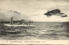VINTAGE POSTCARD Plane Bleriot Aviation crossing the English Channel Warship