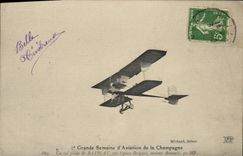 VINTAGE POSTCARD Plane Aviation 2nd great week of aviation of Champagne a planed flight of biplane Bathiat Breguet driving Renault
