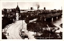 Puentes de Estrasburgo de la POSTAL de la VENDIMIA del Rin visto hacia la tranvía de Kehl