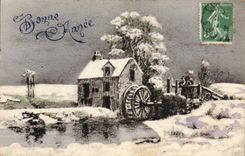CPA Fantaisie Bonne Annee Moulin a eau
