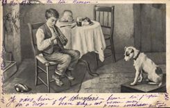 CPA Fantaisie Enfant Melomane Chien 
