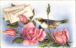 CPA Fantaisie Fleurs Oiseau