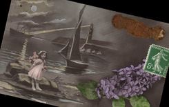 VINTAGE POSTCARD Fantasy Child Flowers Boat