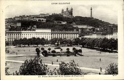 VINTAGE POSTCARD Lyon Places Bellecour and slope of Fourviere