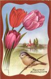 CPA Fantaisie Fleurs Tulipe Oiseau
