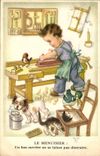 VINTAGE POSTCARD Fantasy Child the carpenter Dog Cat