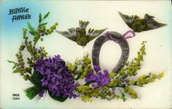 CPA Fantaisie Fleurs Fer a cheval Oiseaux