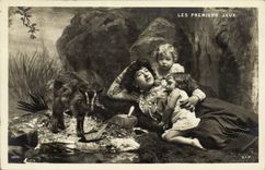 CPA Fantaisie Femme Enfants Les premiers jeux Chevre