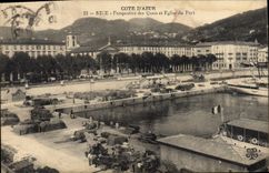 Perspectiva de la POSTAL de la VENDIMIA Niza de los muelles y de la iglesia del puerto