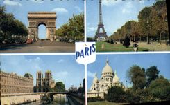 CPM Paris L'Arc De Triomphe La Tour Eiffel Notre Dame Le Sacre Coeur
