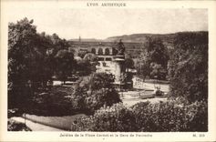 VINTAGE POSTCARD Artistic Lyon Gardens of the Carnot place and Train station of Perrache