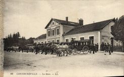 VINTAGE POSTCARD Contrexeville Train station Barouche Horses