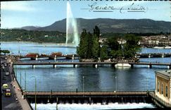 MODERN CARD Geneva the Rhone water bridges and jets