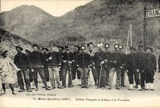 VINTAGE POSTCARD Customs Customs officers Mount Genevre French and Italian Soldiers at the Militaria border