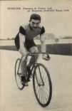 VINTAGE POSTCARD Velo Cycles Cycling Hourlier Champion of France 1908 on bicycle Peugeot Pneus Lion