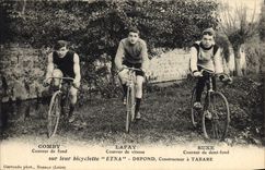 CPA Velo Cycle Cyclisme Comby Coureur de fond Lafay Coureur vitesse Suxe Coureur demi fond Bicyclette Etan Defond Tarare