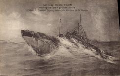 CPA Bateau Sous marin Thon emergeant par grosse houle Dumont Duparc Peintre du Ministere de la Marine 