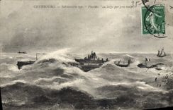 VINTAGE POSTCARD Boat Cherbourg Submersible Pluviose with broad by heavy weather Submarine